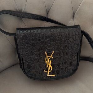 Yves Saint Laurent Black Croc-Pattern Kaia Shoulder Crossbody bag